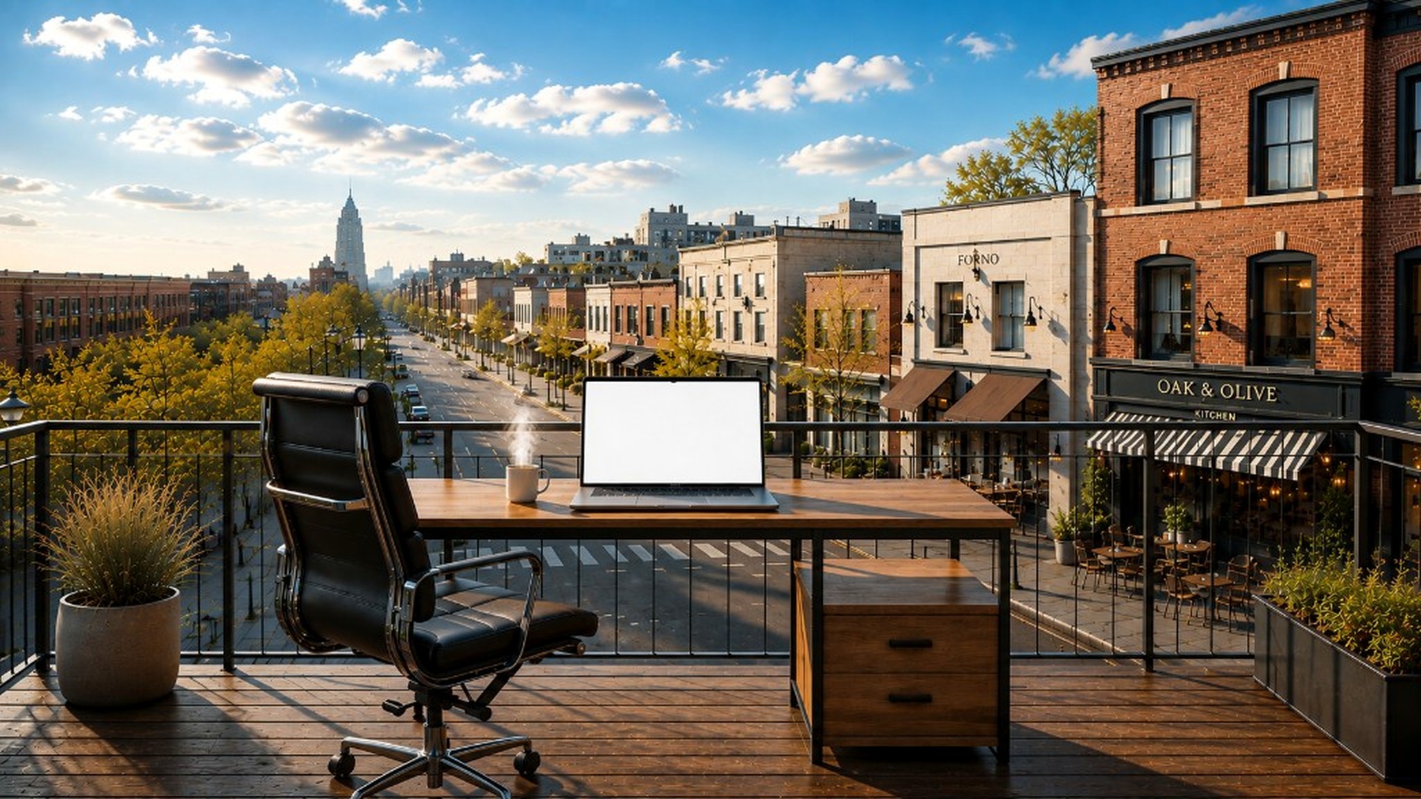 A balcony workspace with a laptop overlooking a city street and restaurant frontage