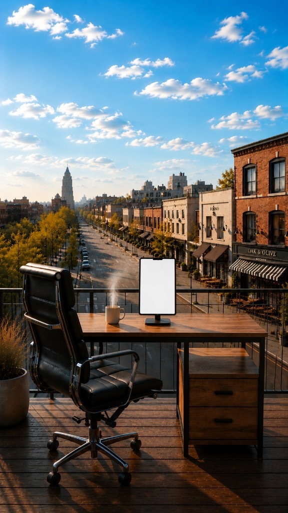 A balcony workspace with an iPad overlooking a city street — mobile view