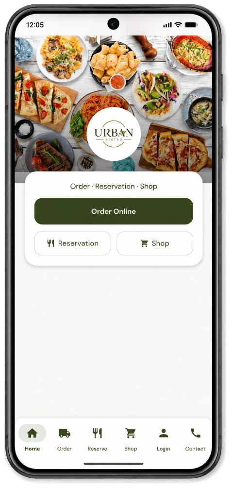 Urban Bistro white-label app — home screen with Order Online, Reservation and Shop