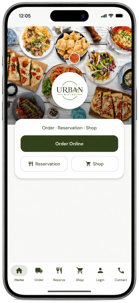 Urban Bistro white-label app — branded ordering home on iPhone