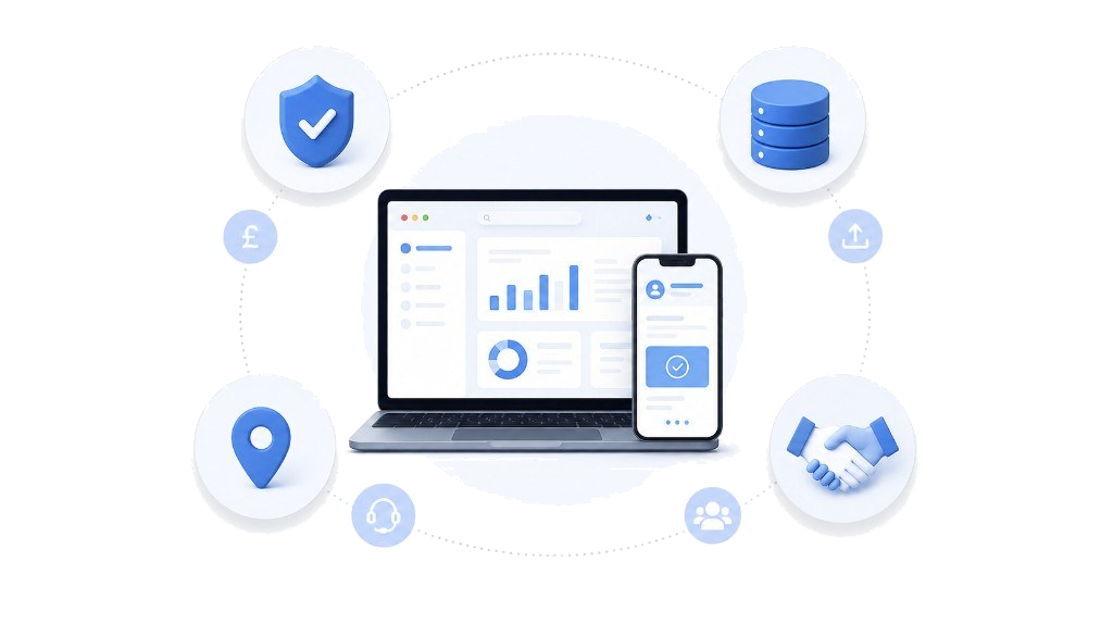 OrderWeb platform on laptop and phone, surrounded by security, data, support and partnership icons